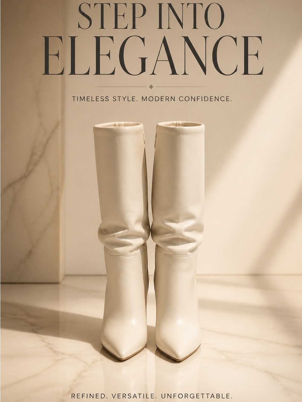Knee-High Cream Pointed Toe Heeled Boots